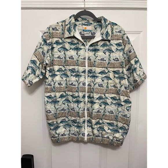 Mr. Casual Other - VTG Mr Casual Aquatic Fish & Boat Print Full Zip Terrycloth Lined Shirt Jacket L